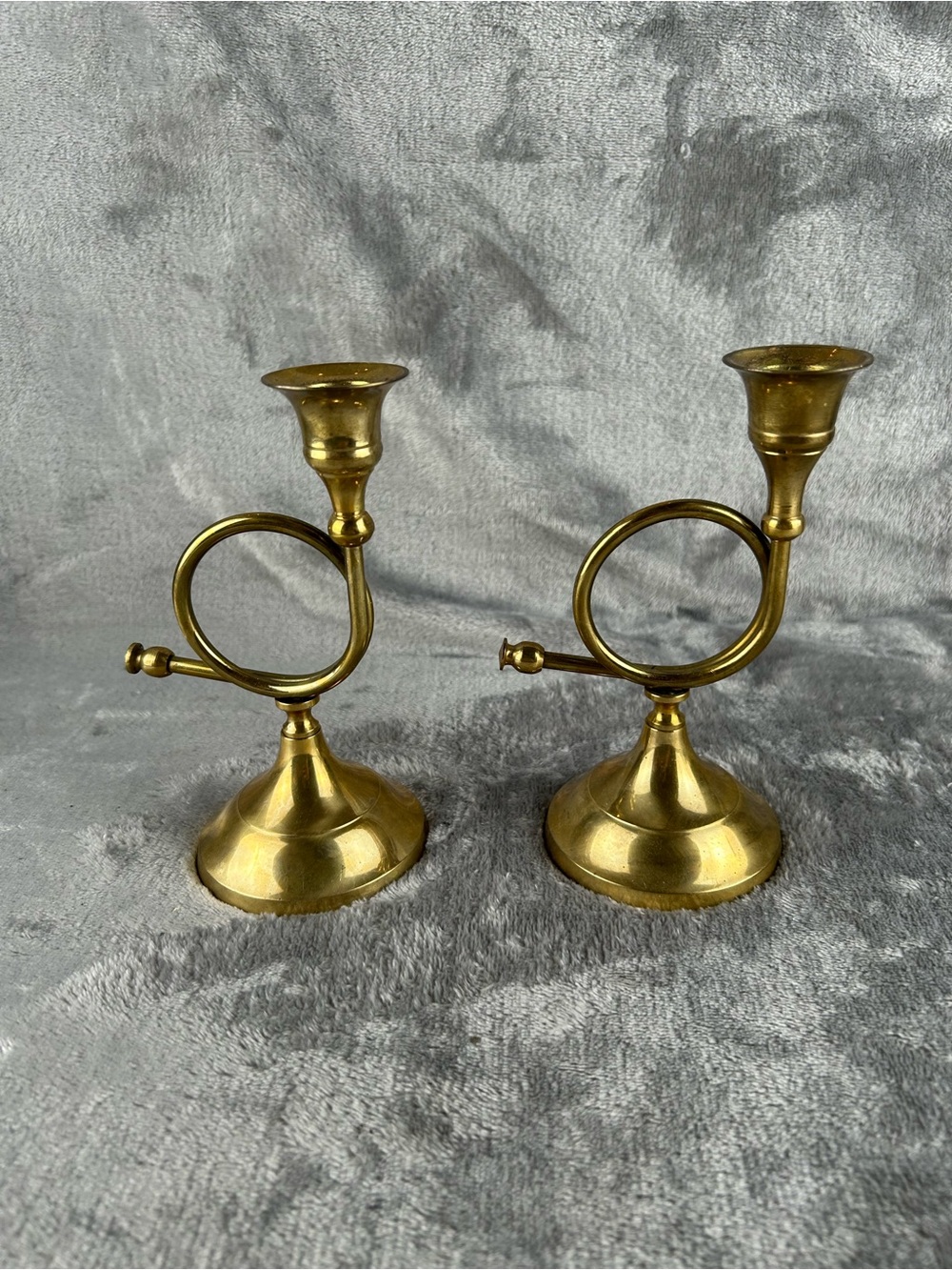 Vintage Brass Candle Holders French Horn Fox Hunt 6 Inch Tall Holiday Decor